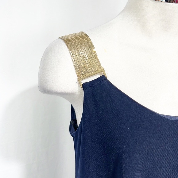 Betsy & Adam Navy Blue Gold Metal Mesh Ruffle One Shoulder Sheath Dress 4 NWT - Picture 6 of 13